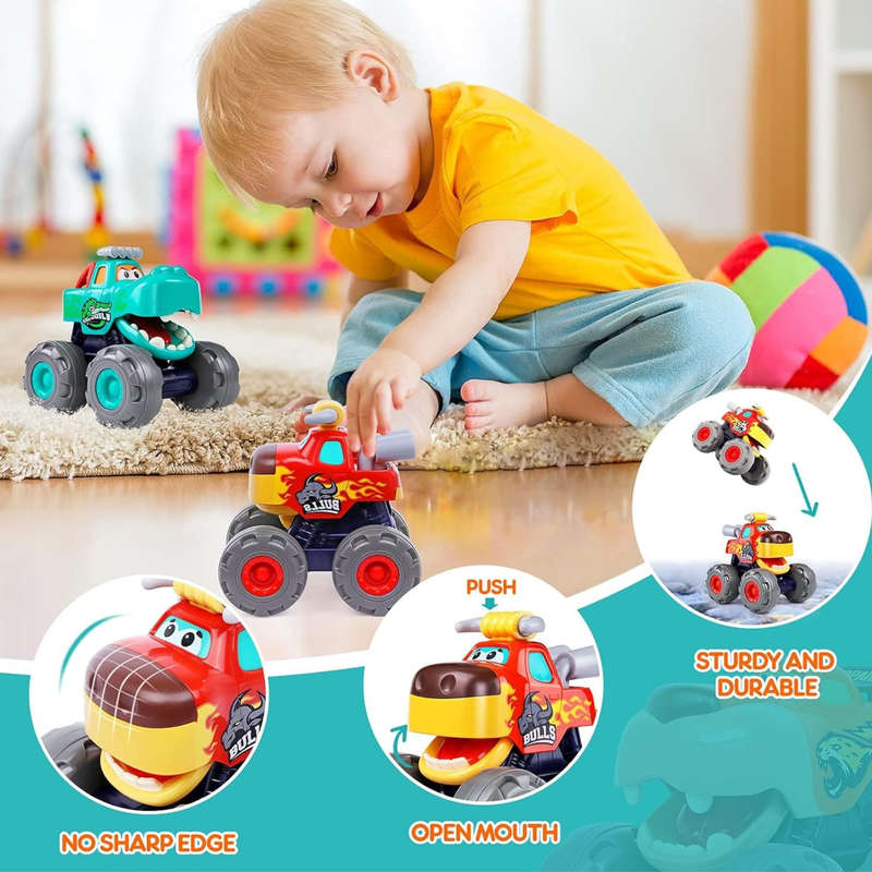 Friction Powered Monster Truck Toy, Push & Go, Toy Cars, Cars for Toddlers - Green, Orange