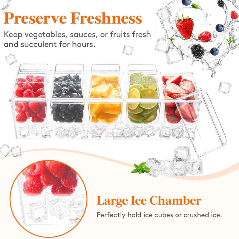 Ice Chilled Serving Set for Party With 5 Containers, Lids, Spoons & Tongs