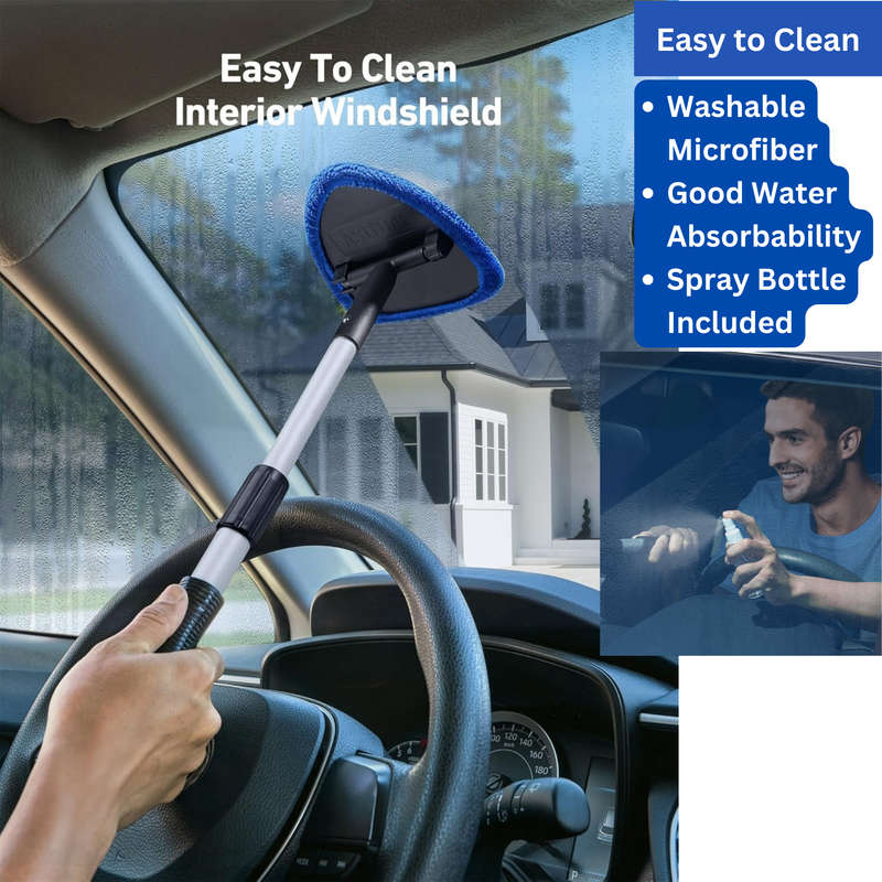 Car Cleaning Tool with 4 Microfiber Pads, Extendable Handle & Spray Bottle