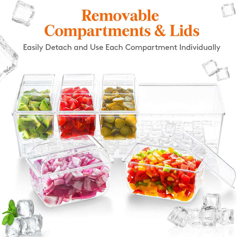Ice Chilled Serving Set for Party With 5 Containers, Lids, Spoons & Tongs