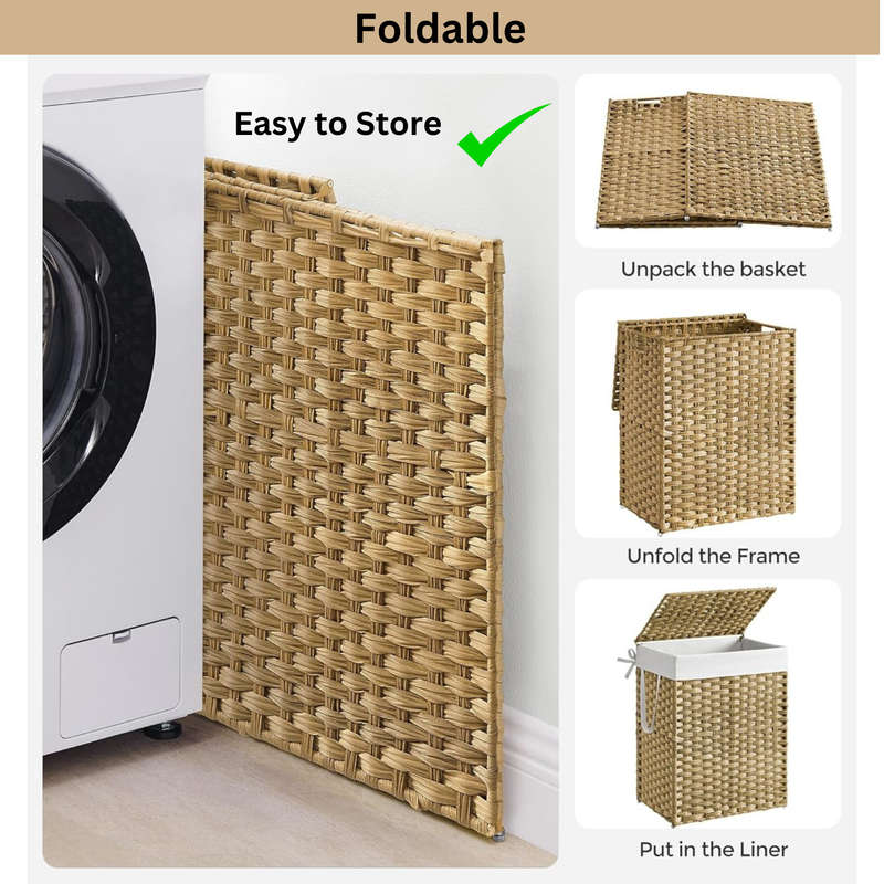 90L Laundry Basket With Lid, Compartment & Linen,2 Collapsible Storage Cube