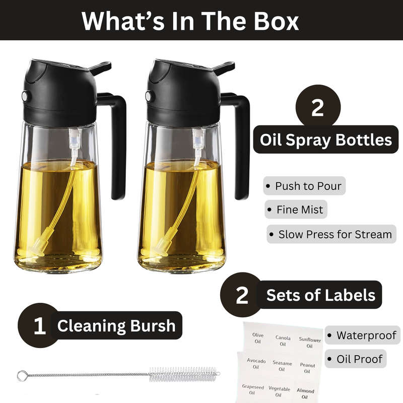 2 Pack 2-in-1 Olive Oil Sprayer With Brush & Labels For Cooking, Air Fryer