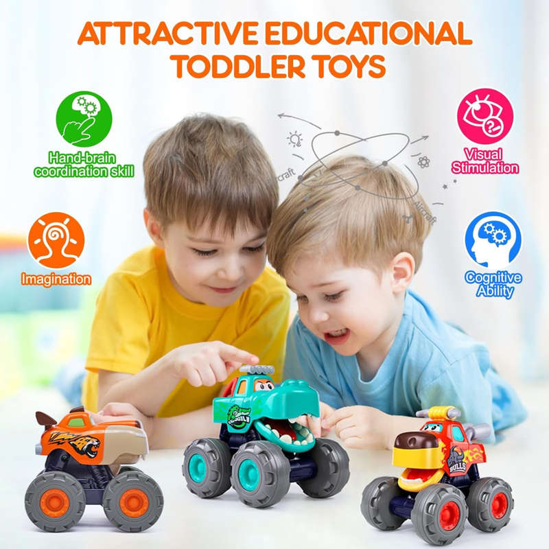 Friction Powered Monster Truck Toy, Push & Go, Toy Cars, Cars for Toddlers - Green, Orange