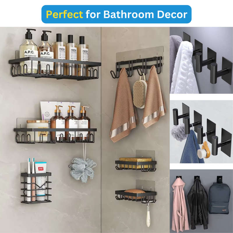 Shower Caddy with Hooks, Bathroom Organizers, Premium Metal, Adhesive - 8 Piece