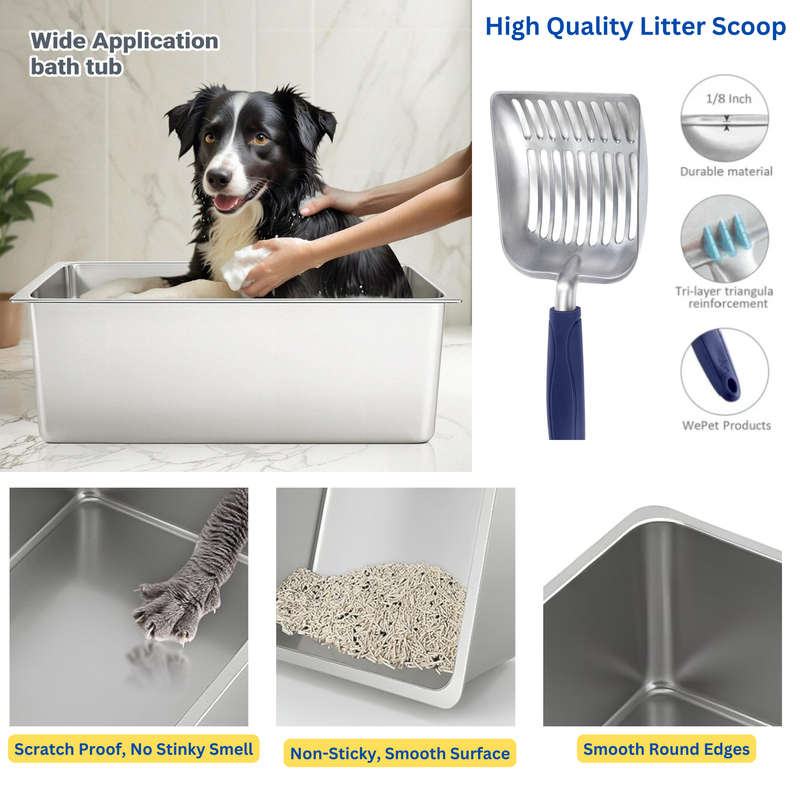 Stainless Steel Cat Litter Box With Cat Litter Scoop, Non Stick, No Smell