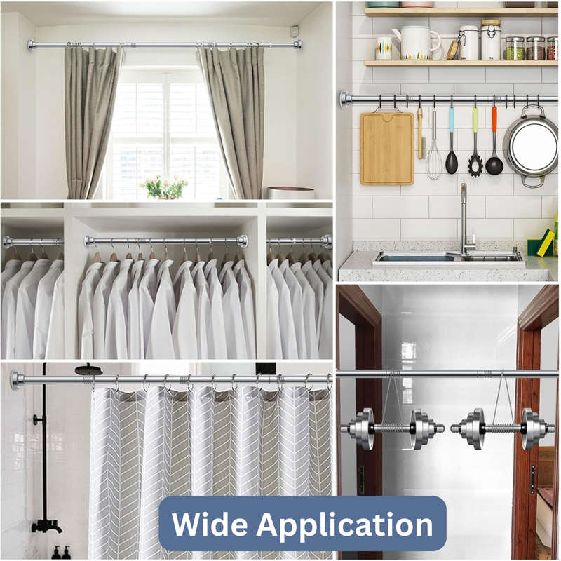 Shower Curtain Rod Extendable & 12x Shower Curtain Hooks, No Drilling