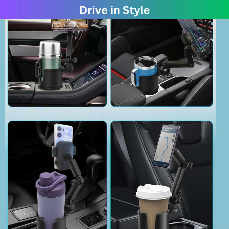 2 in 1 Cup Holder Phone Holder for Car with Expandable Base & Long Arm