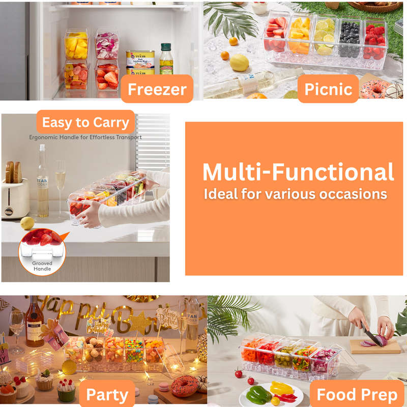Ice Chilled Serving Set for Party With 5 Containers, Lids, Spoons & Tongs