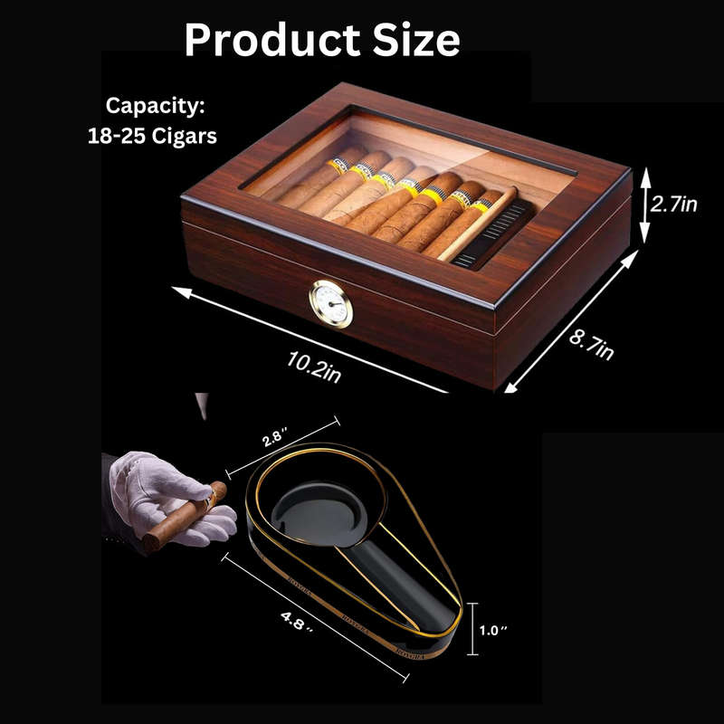 Cigar Humidor With Humidifier, Hygrometer & Ashtray, Glass Top Cigar Case