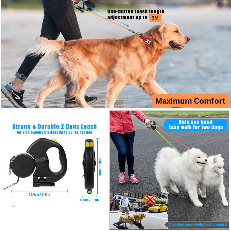 Dual Retractable Dog Leash with LED Light, 3M Leash with 360 Tangle-Free