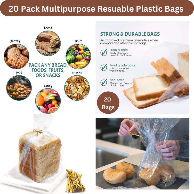 Bread Bin Box for Kitchen & 20 Pack Reusable Plastic Bread Bags with Ties
