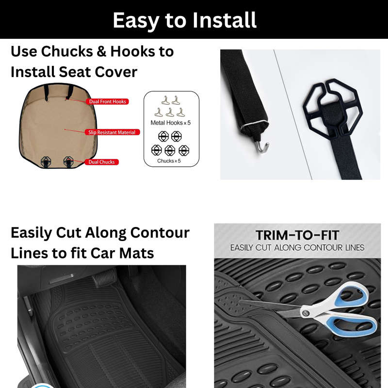 2 Pieces Car Seat Cover with Pocket & 4 Pcs Car Mats, Universal Size, Black
