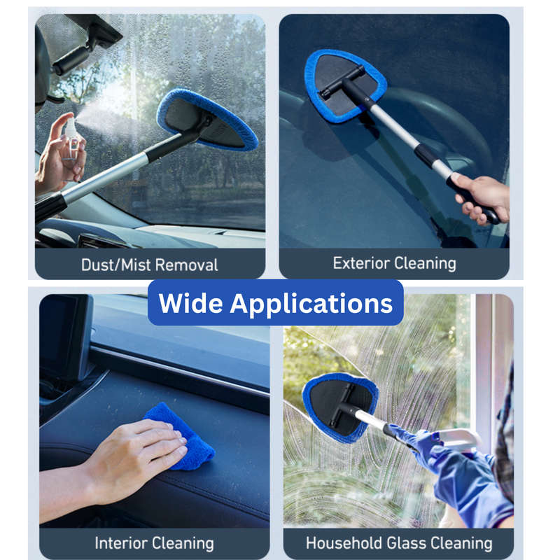 Car Cleaning Tool with 4 Microfiber Pads, Extendable Handle & Spray Bottle