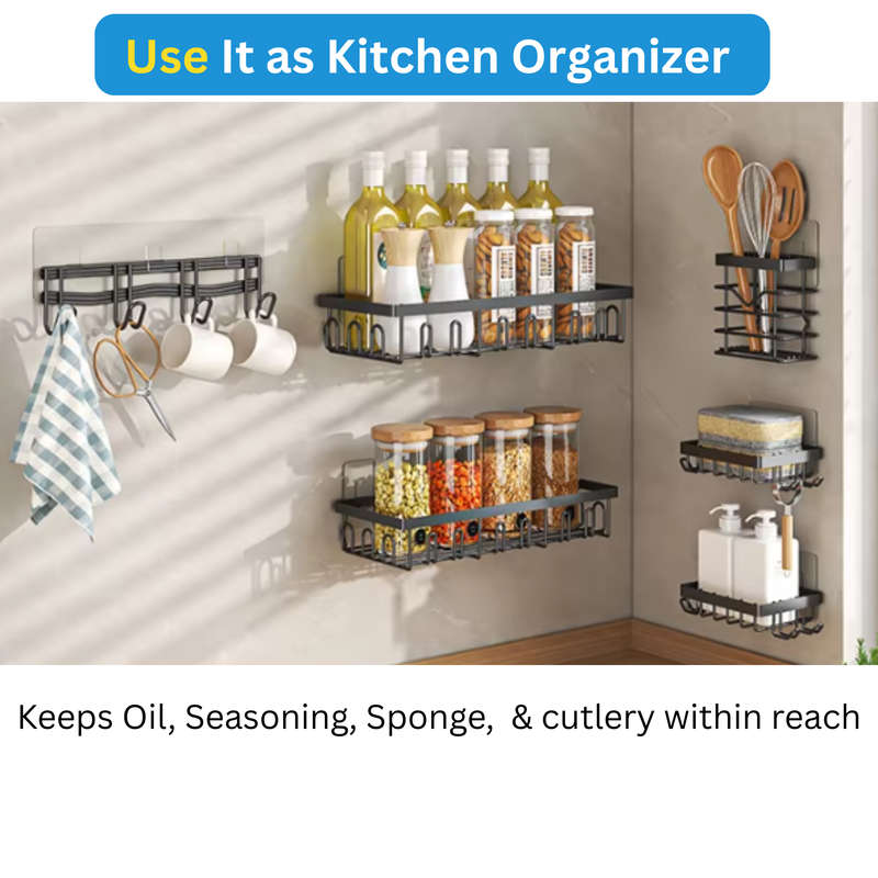 Shower Caddy with Hooks, Bathroom Organizers, Premium Metal, Adhesive - 8 Piece