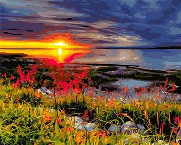 Paint by number -Lakeside sunrise 40 x 50 frame canvas