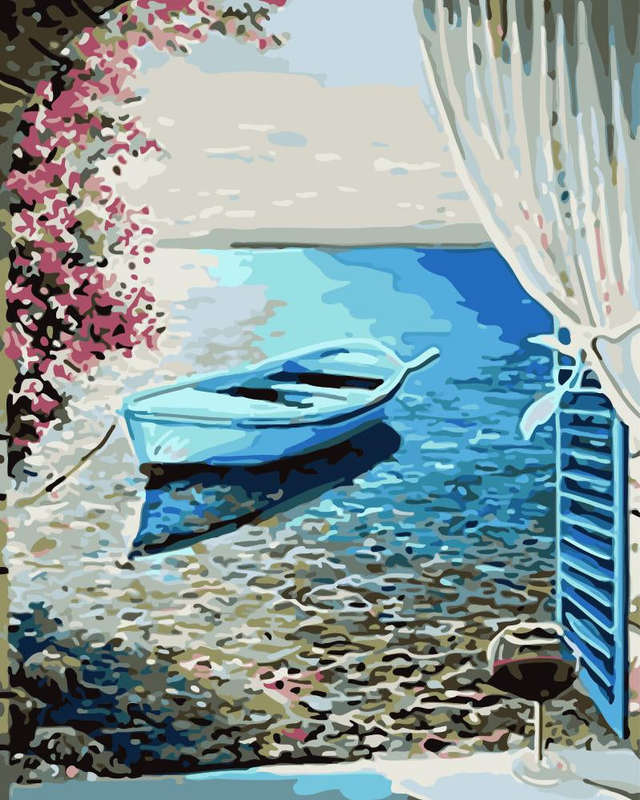 Paint by numbers -Boat through the shutters 40 x 50 framed canvas