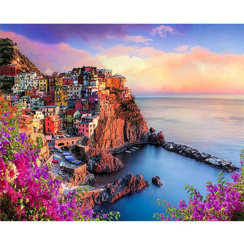 Paint By numbers for Adult - Seaside Village Framed Canvas