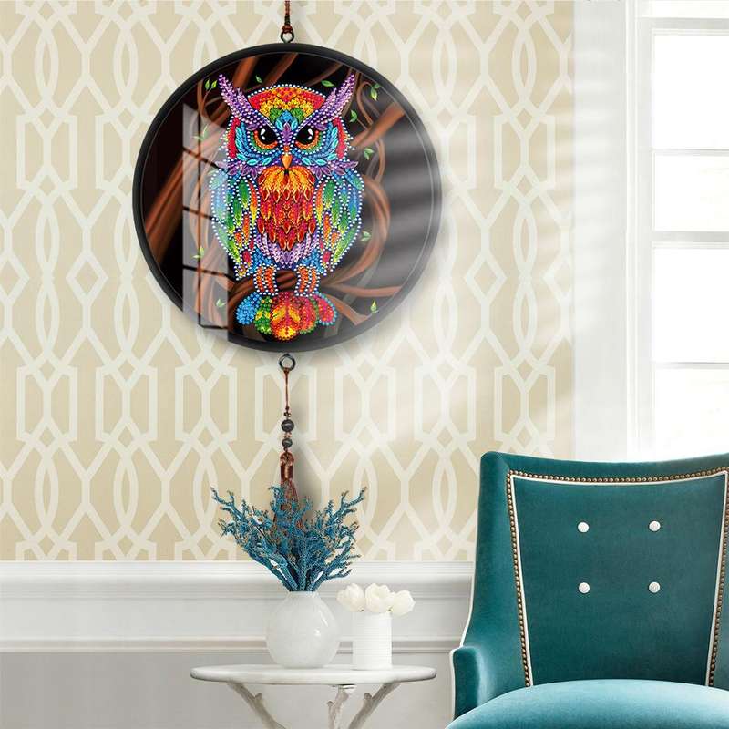 Owl animal diamond painting mosaic with framed round shape