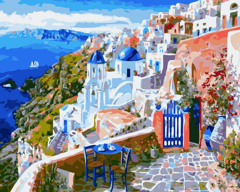 Adult Paint by numbers -Santorini Sea views Framed canvas 50 x 40