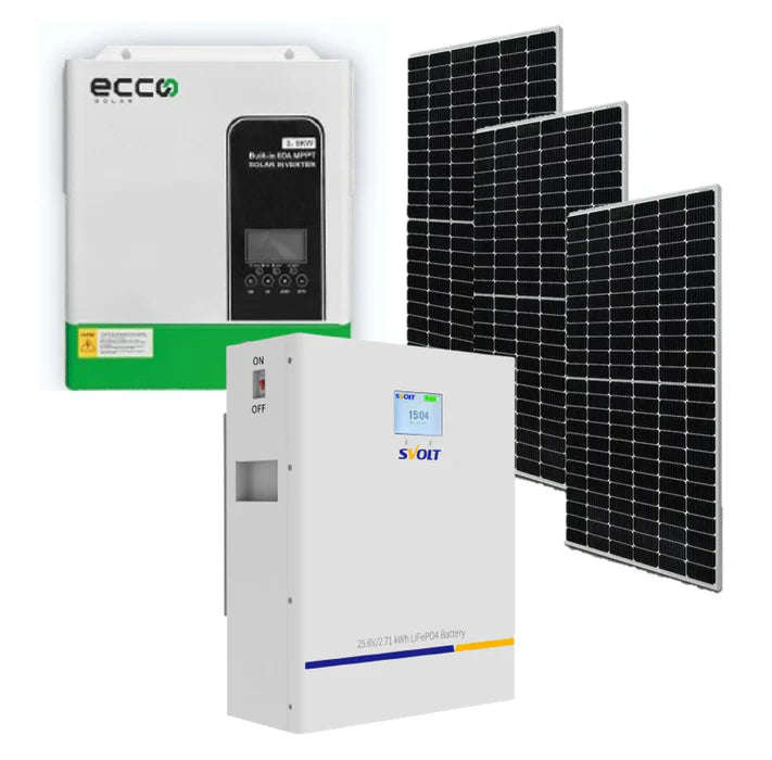 ECCO Solar 3500w Hybrid Inverter and Battery SVOLT 24V 106Ah 2.71 kWh Lithium Battery Plus 3 X 44...