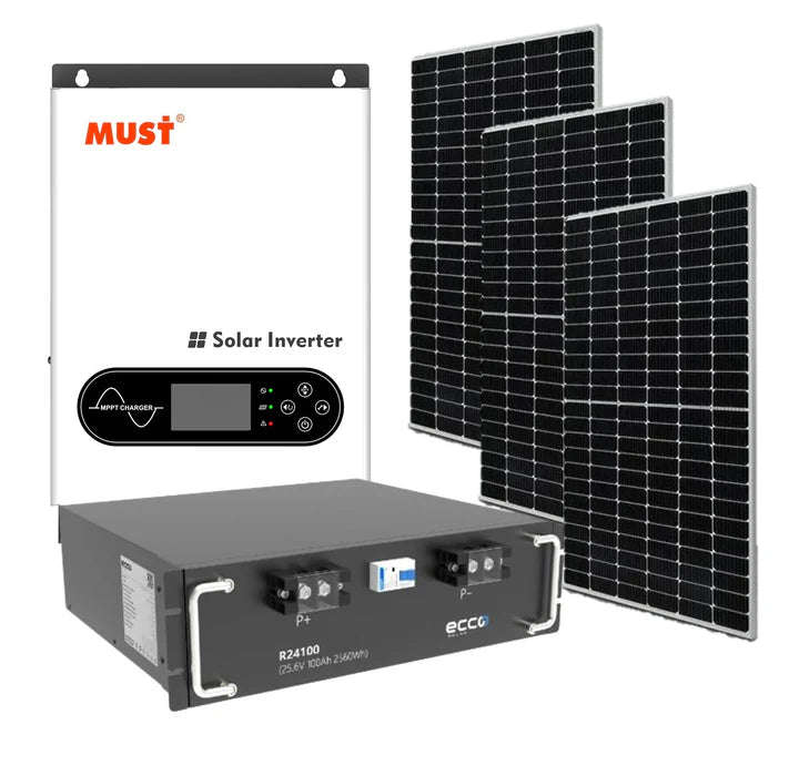 Must 3.6KVA 3600 Watt & 2.56 KWh Ecco Lithium Battery 3X 410w Bifical Solar Panels Combo