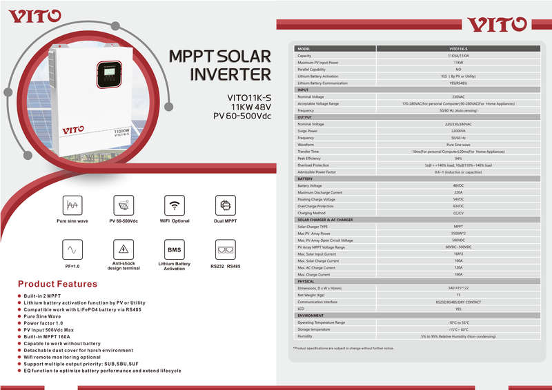 VITO 11KVA 11000W 48V 160A MPPT HBRID INVERTER