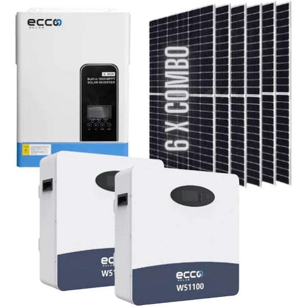 Ecco 6.2kVA Hybrid Inverter and 2x 5.12kWh Ecco 100Ah Lithium Battery + 6x 585W Bifical Mono Crys...