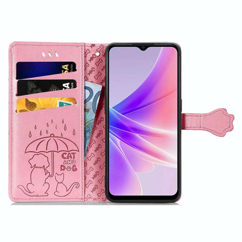 For OPPO A77 Cute Cat and Dog Embossed Horizontal Flip Leather Case(Pink)
