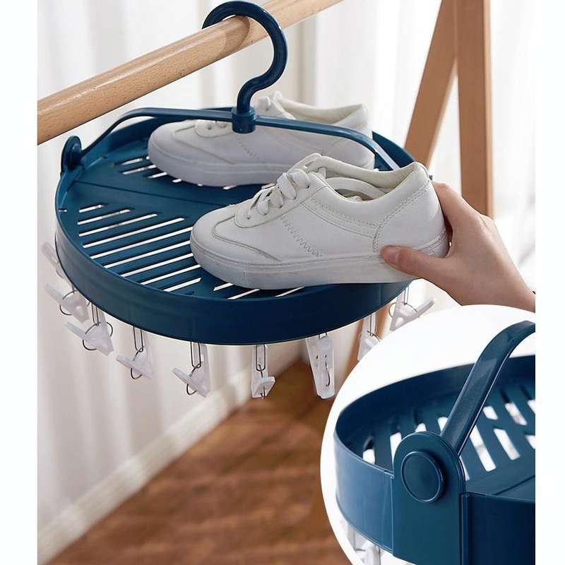 Sock Clip Round Drying Rack Folding Plastic Long Clothespin(Blue)