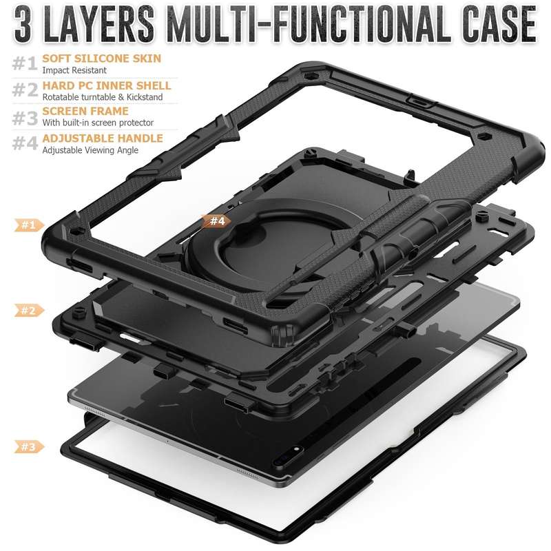 For Samsung Galaxy Tab S8 Ultra Shoulder Strap Silicone + PC Tablet Case(Black)