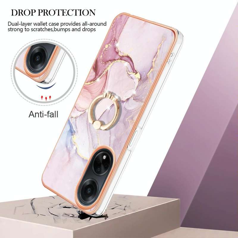 For OPPO A98 Electroplating Marble IMD TPU Phone Case with Ring Holder(Rose Gold 005)