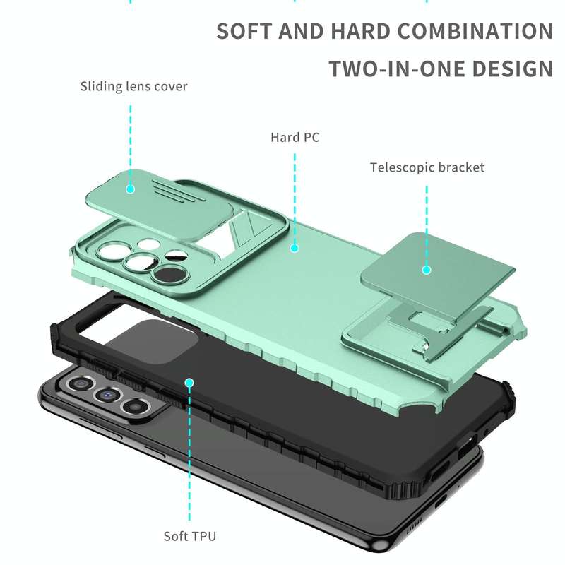 For Samsung Galaxy A33 5G Stereoscopic Holder Sliding Camshield Phone Case(Light Blue)