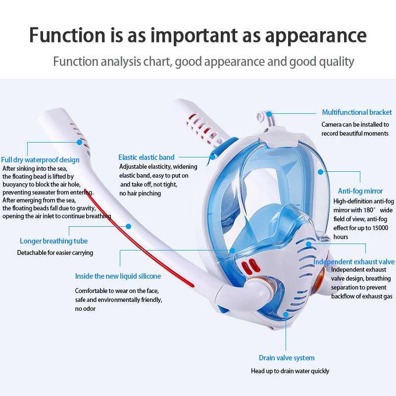 Snorkeling Mask Double Tube Silicone Full Dry Diving Mask Adult Swimming Mask Diving Goggles, Siz...