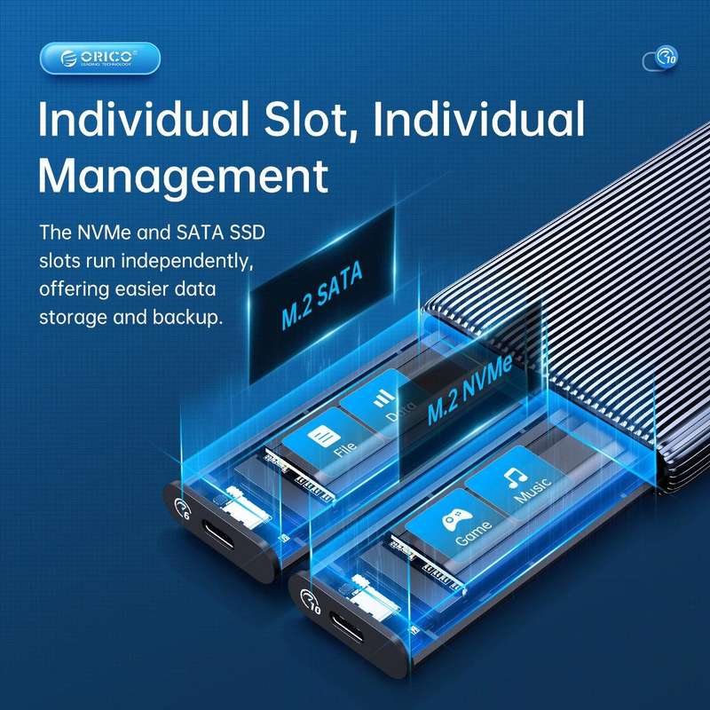ORICO AM2C3-2SN Dual-bay M.2 NVME + SATA SSD Enclosure(Grey)