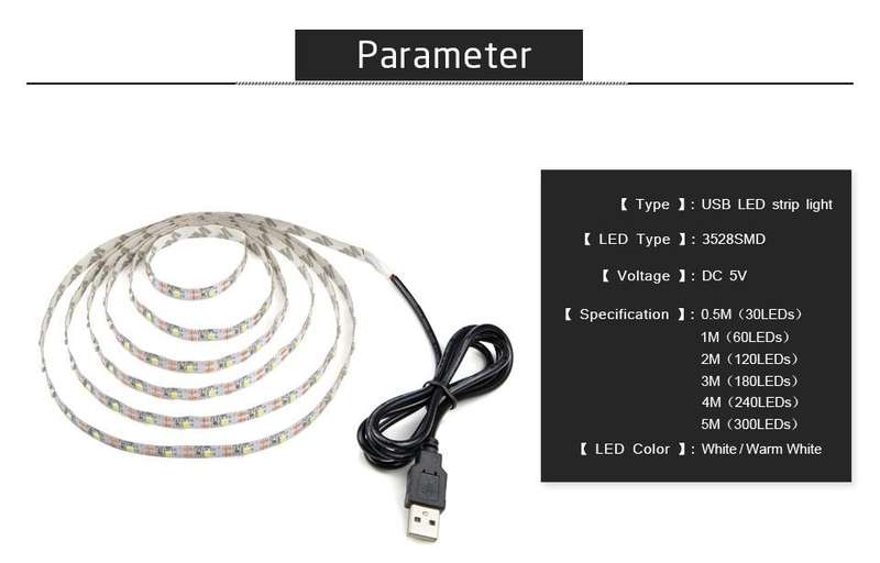 USB Power SMD 3528 Epoxy LED Strip Light Christmas Desk Decor Lamp for TV Background Lighting, Le...