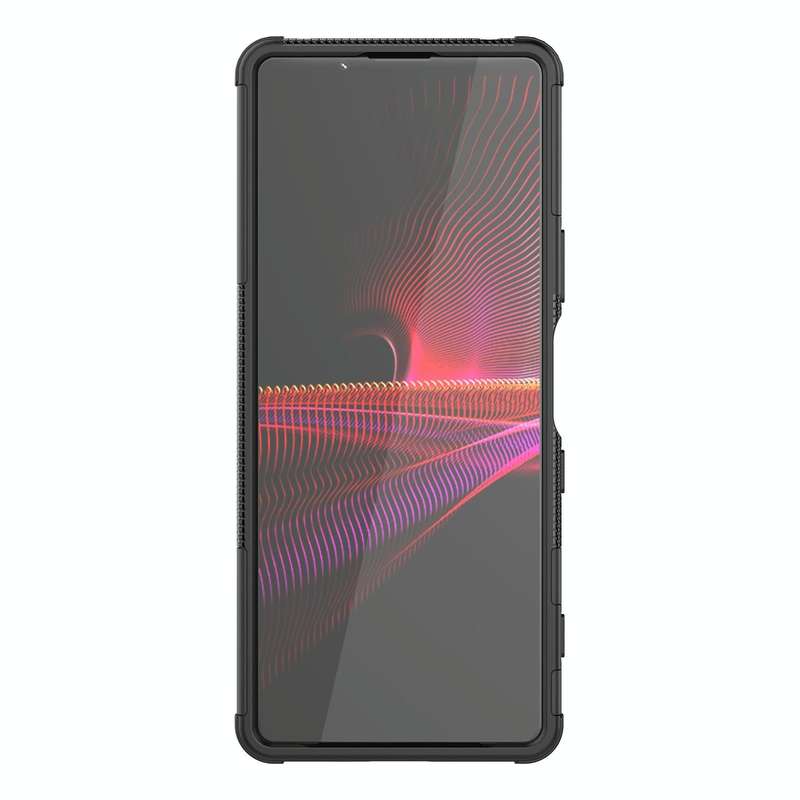 For Sony Xperia 1 III Tire Texture Shockproof TPU+PC Protective Case with Holder(Black)