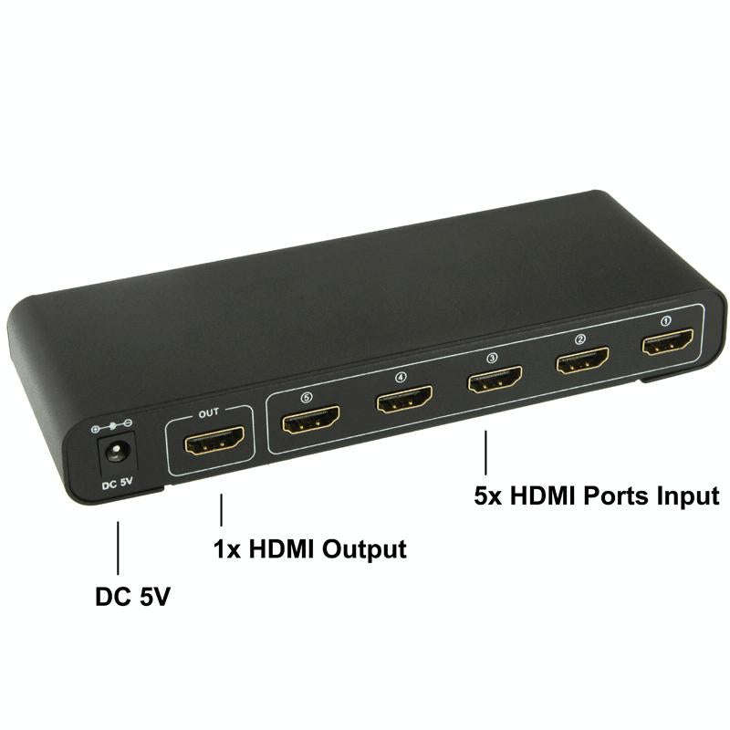 Full HD 1080P 5 Ports HDMI Switch with Remote Control & LED Indicator(Black)