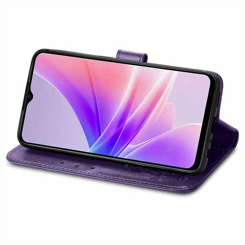 For OPPO A77 Four-leaf Clasp Embossed Buckle Leather Phone Case(Purple)