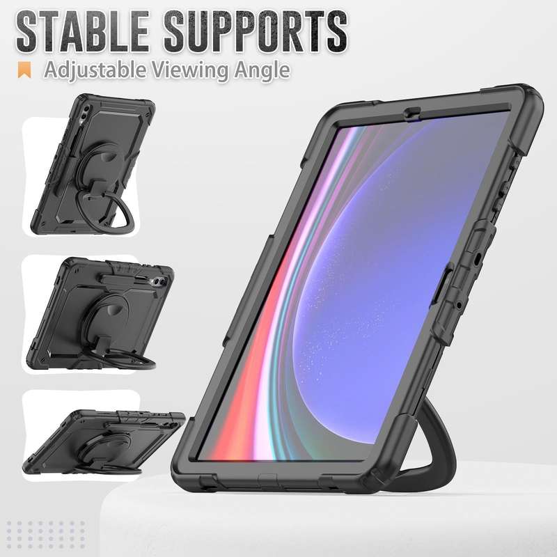 For Samsung Galaxy Tab S9+ D Type Silicone Hybrid PC Tablet Case with Handle Holder(Black)