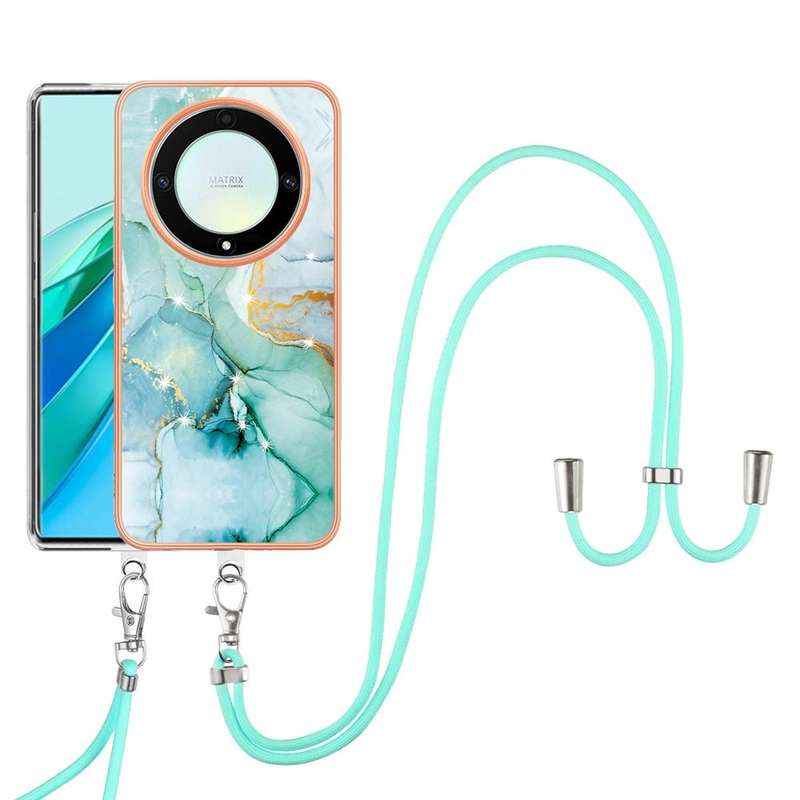For Honor X9a/Magic5 Lite Electroplating Marble Dual-side IMD Phone Case with Lanyard(Green 003)
