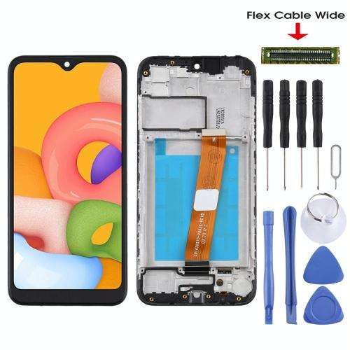 OEM LCD Screen (Flex Cable Wide) for Samsung Galaxy A01 Digitizer Full Assembly with Frame (Black)