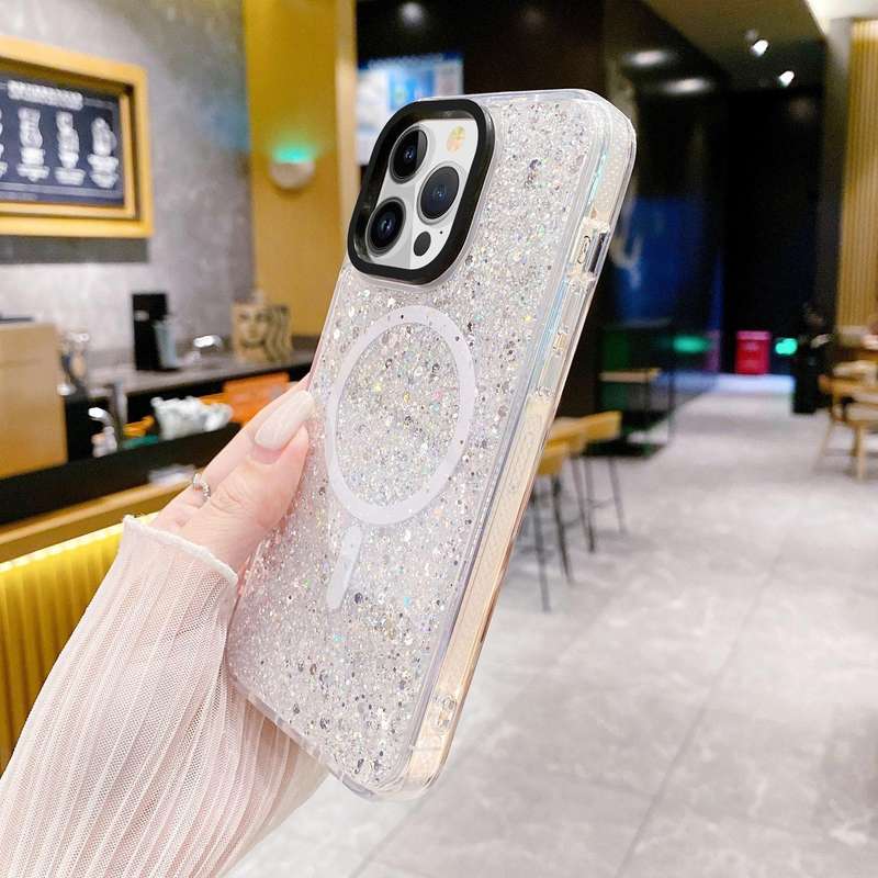 For iPhone 15 Pro Gold Armor MagSafe Glitter Epoxy Phone Case(White)
