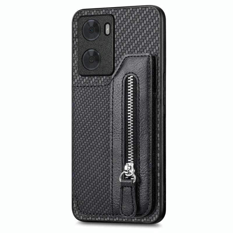 For OPPO A57 4G Carbon Fiber Flip Zipper Wallet Phone Case(Black)