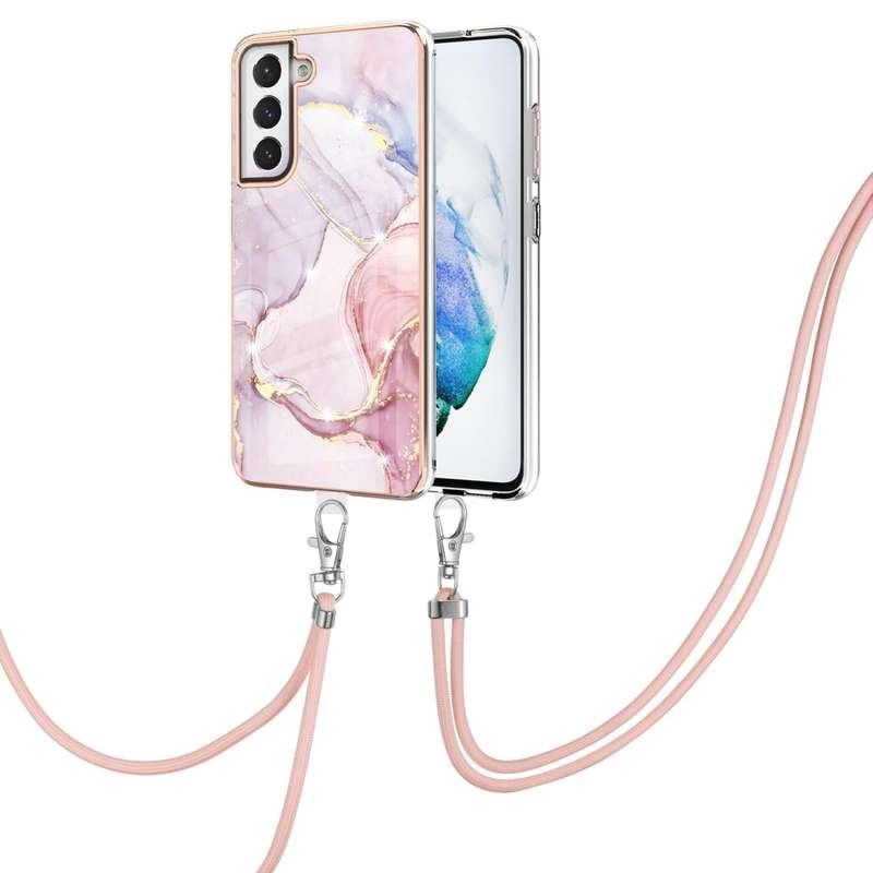 For Samsung Galaxy S21 FE 5G Electroplating Marble Pattern IMD TPU Shockproof Case with Neck Lany...