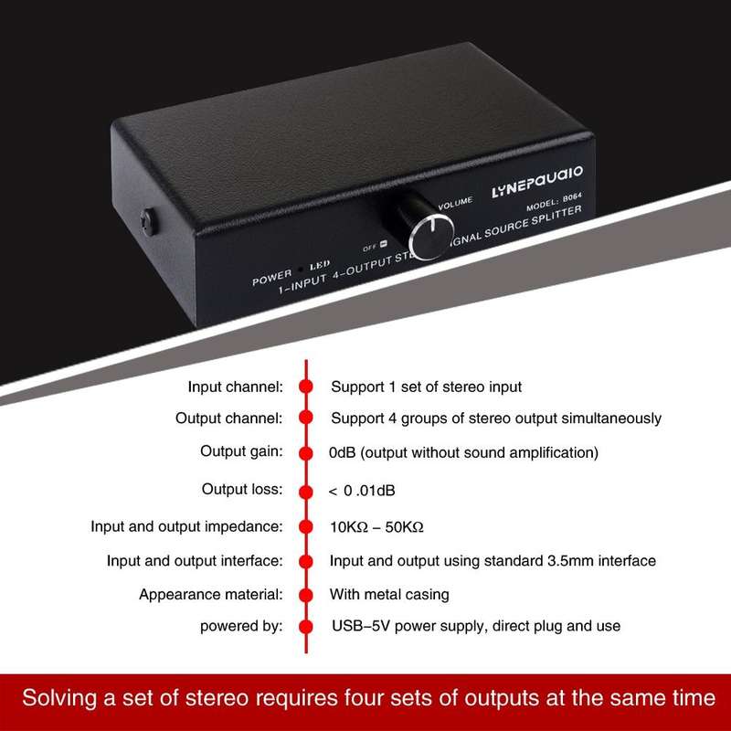 1 In 4 Out Audio Frequency Signal Splitter Distribute Device, Non Consumption, 3.5mm Interface Ou...