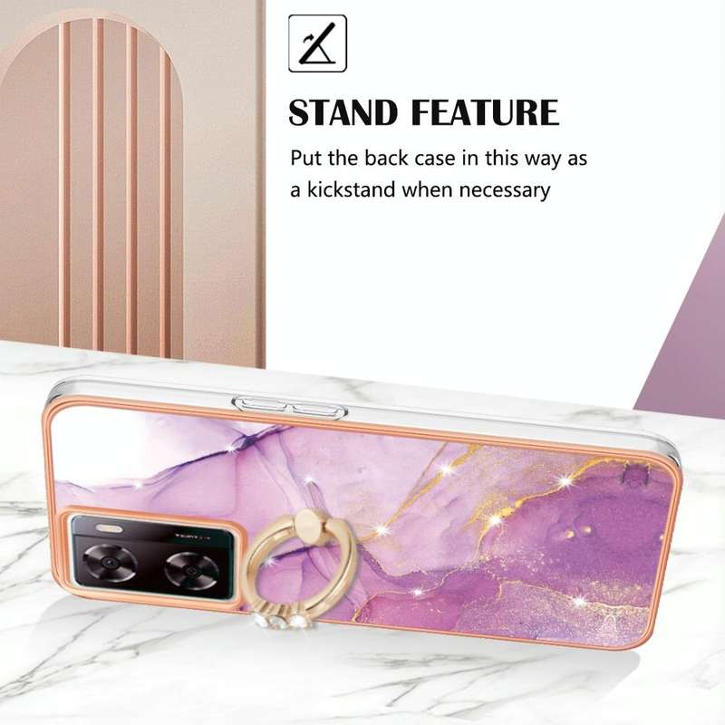 For OPPO A57 4G/A77 5G Taiwan/K10 5G Global Electroplating Marble IMD TPU Phone Case with Ring Ho...
