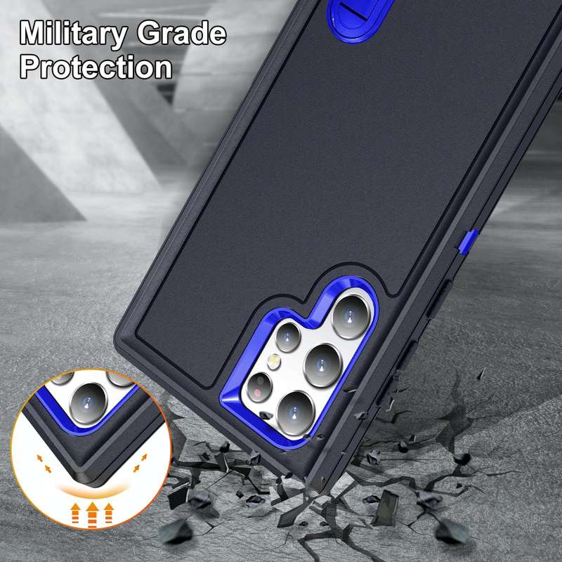 For Samsung Galaxy S23 ultra 5G 3 in 1 Rugged Holder Phone Case(Dark Blue+Sapphire Blue)