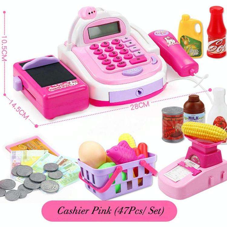 Mini Analog Supermarket Checkout Cash Register Set Child Role Playing Toy 47 PCS / Set Pink