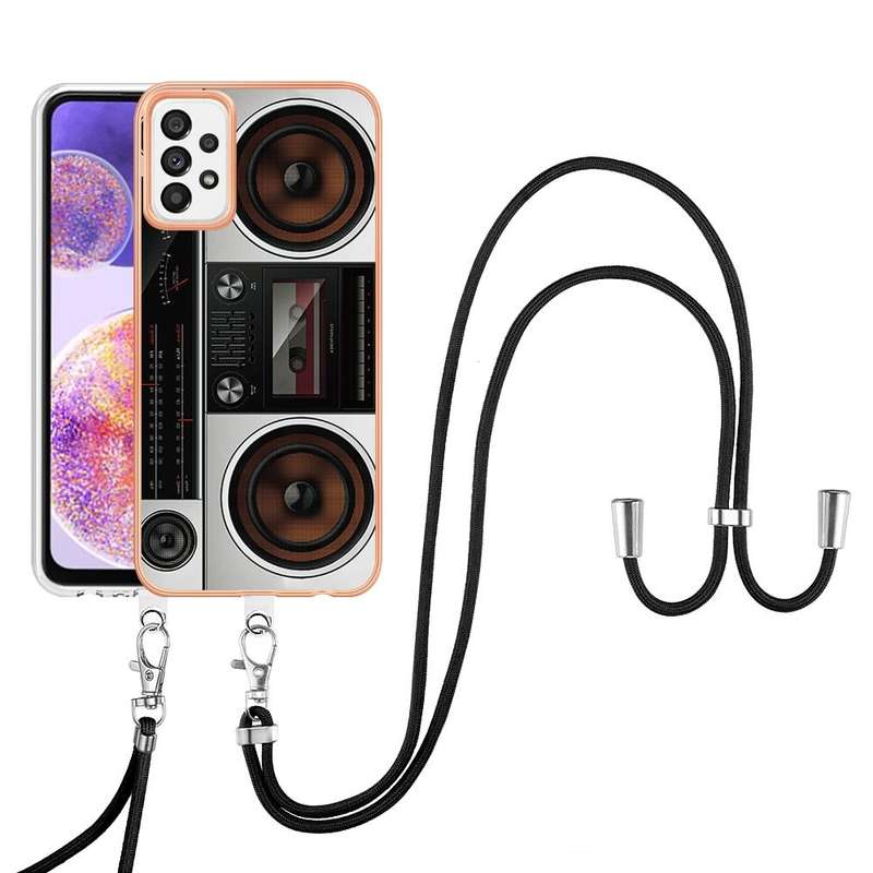 For Samsung Galaxy A73 5G Electroplating Dual-side IMD Phone Case with Lanyard(Retro Radio)