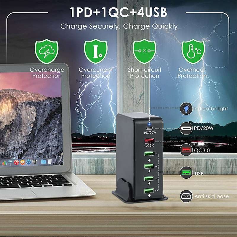6 in 1 65W PD USB-C / Type-C + QC 3.0 USB + 4 USB Multi-port Travel Charger, US Plug(Black)